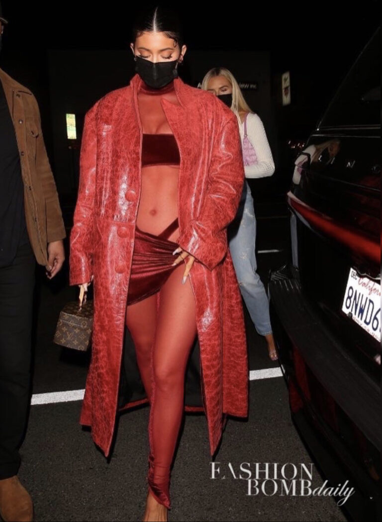 Kylie Jenner Dons LaQuan Smith Fall/Winter 2021 Red Mesh Velvet Catsuit with Red Croc Leather Coat To Justin Bieber’s Listening Party