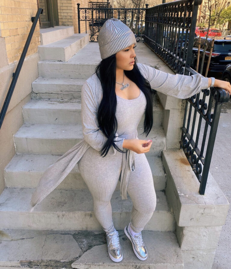 Emily B Spotted Wearing a Grey Ribbed Knit Jumpsuit and Cardigan Set by Fashion Nova