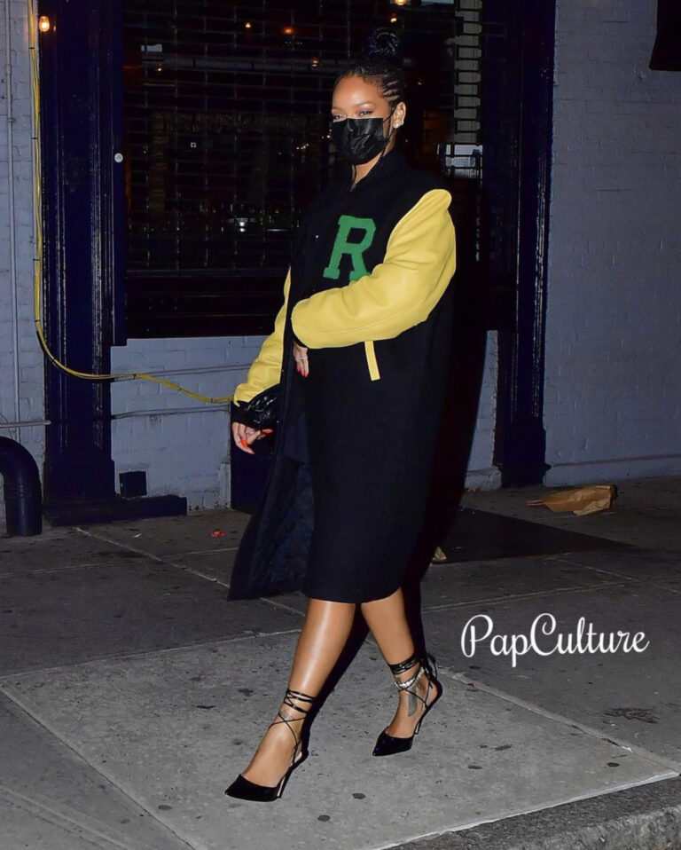 Rihanna Wears Raf Simons Navy and Yellow Longline Varsity Jacket While on a Date With A$AP Rocky