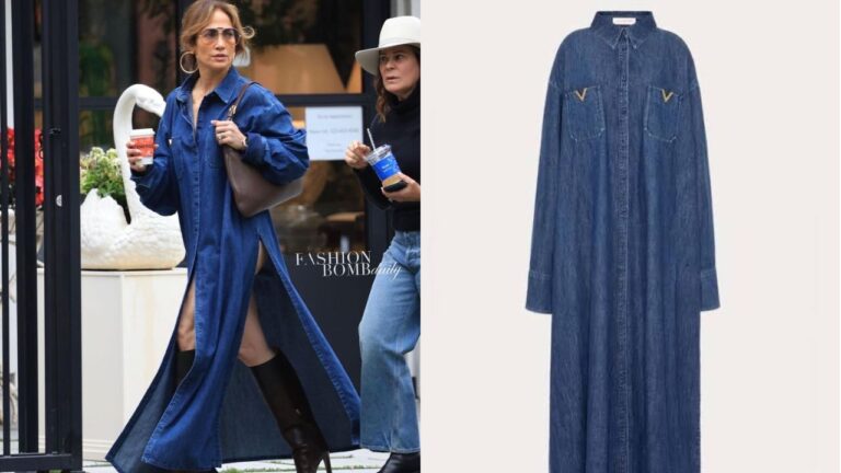 Jennifer Lopez Wore a Denim Valentino Maxi Dress with a Gucci Handbag in Los Angeles