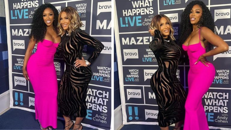 Sheree Whitfield and Posha Guobadia Appeared on Bravo Watch What Happens Live in a Black Versace Dress and Hot Pink Brandon Maxwell Strapless Gown
