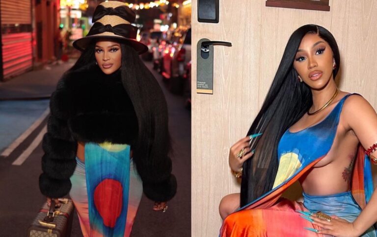 Who Wore it Better? Joseline vs. Cardi B in Marni Spring 2023 Orange Graphic Print Zig Zag Long Sleeve Knit Dress and Multicolor Runway Look