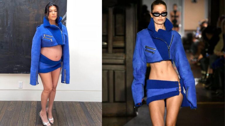 Kourtney Kardashian Turns to Designer LaQuan Smith in a FW22/23 Cobalt Blue Cropped Leather Biker Jacket and Matching Skirt