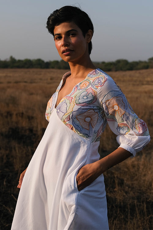 Buy Okhai Maria Hand Embroidered Mirror Work White Pure Cotton Dress Online – Okhaistore